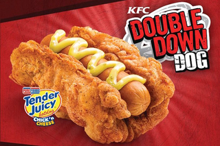 Illustration for article titled KFC's Double Down hot dog is a sausage wrapped in a fried chicken bun